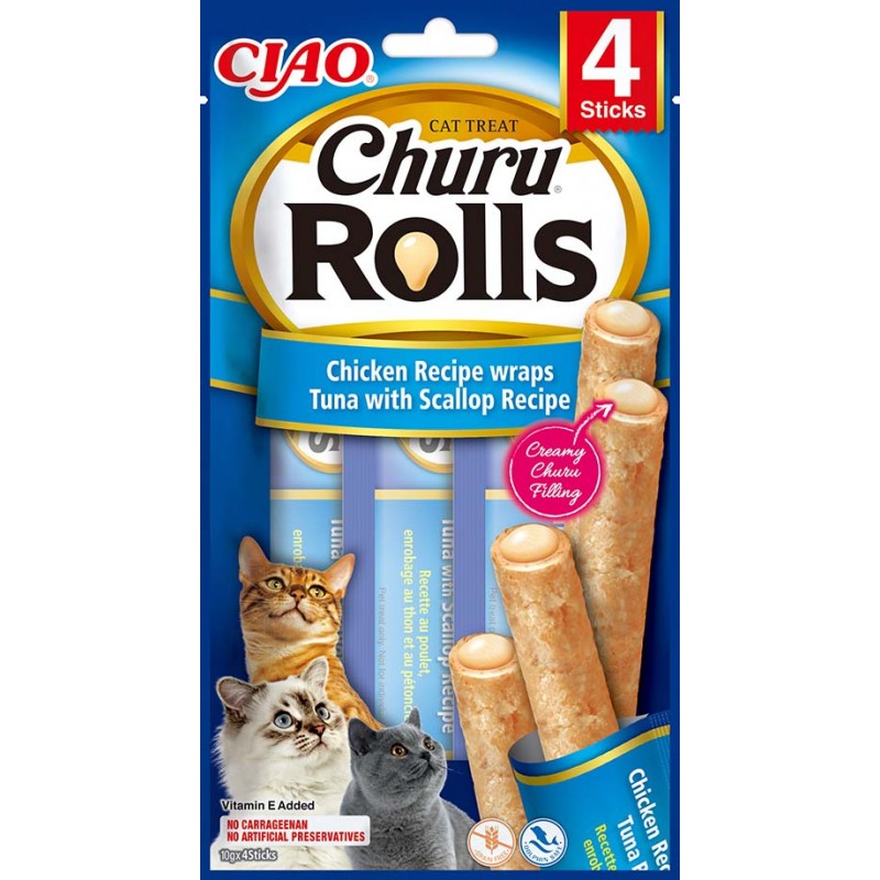 INABA Chat Churu Rolls – Wrap Poulet & Thon Saint-Jacques – Pack de 4 – 40 g