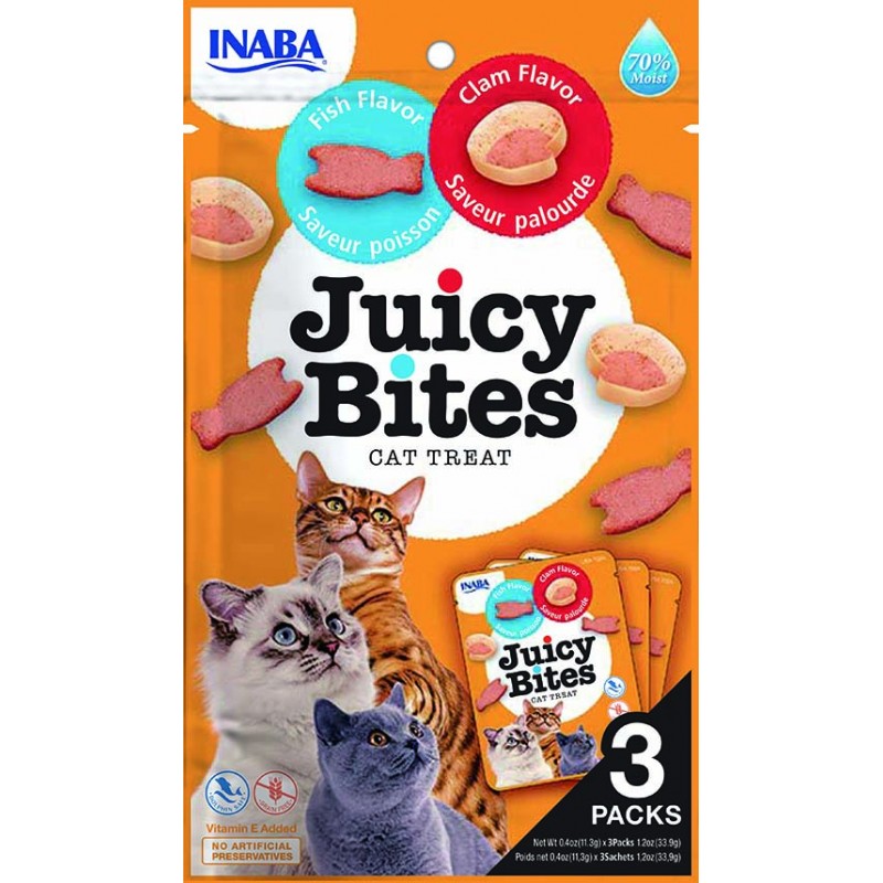 INABA Chat Juicy Bites – Poisson & Palourde – Pack de 3 – 33,9 g