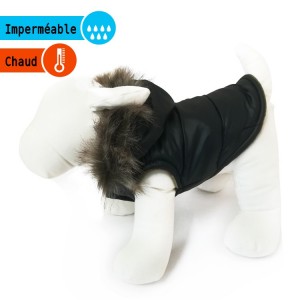 Manteau noir pour chien avec capuche en fourrure | Petit chien