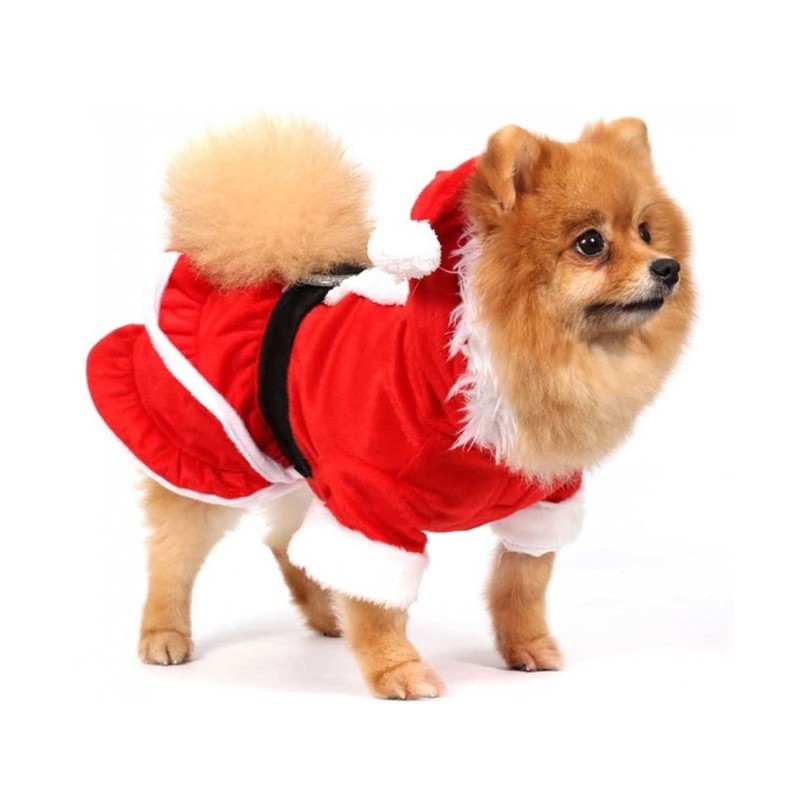 Manteau robe mère Noël pour chienne avec capuche et pompon
